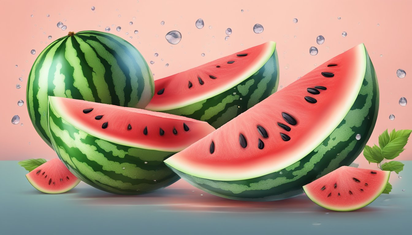 A watermelon sliced open, with juicy red flesh and seeds, surrounded by droplets of water