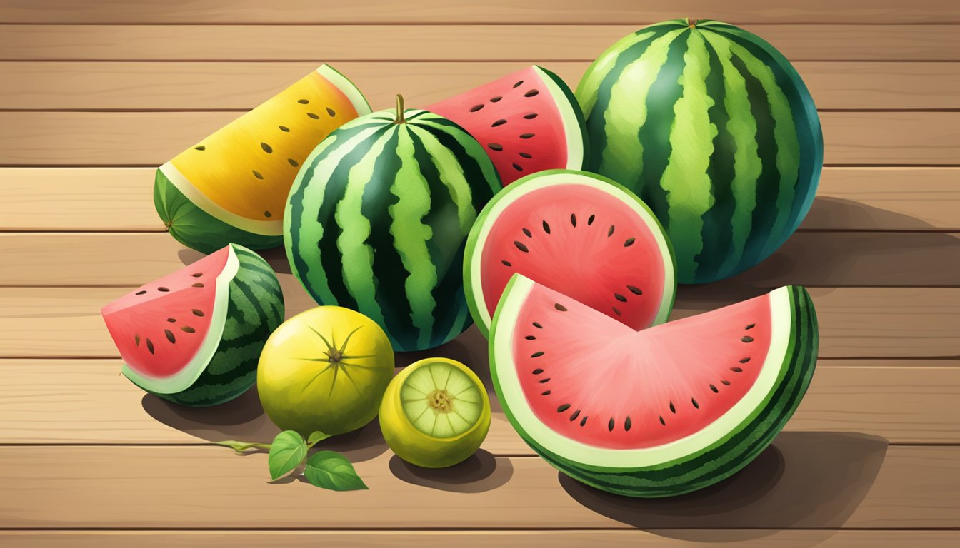 A selection of watermelons in different shapes and sizes, with a variety of colors ranging from deep green to pale yellow, sitting on a wooden table