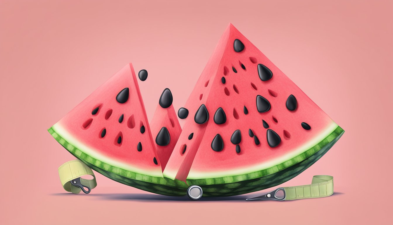 A watermelon sliced open, revealing its juicy pink flesh and black seeds, surrounded by a measuring tape and a warning sign