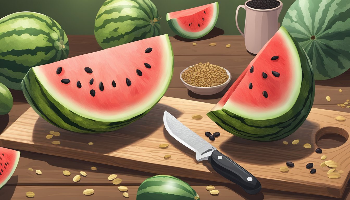 A ripe watermelon sits on a wooden cutting board with a knife beside it, surrounded by scattered seeds and a few cut slices