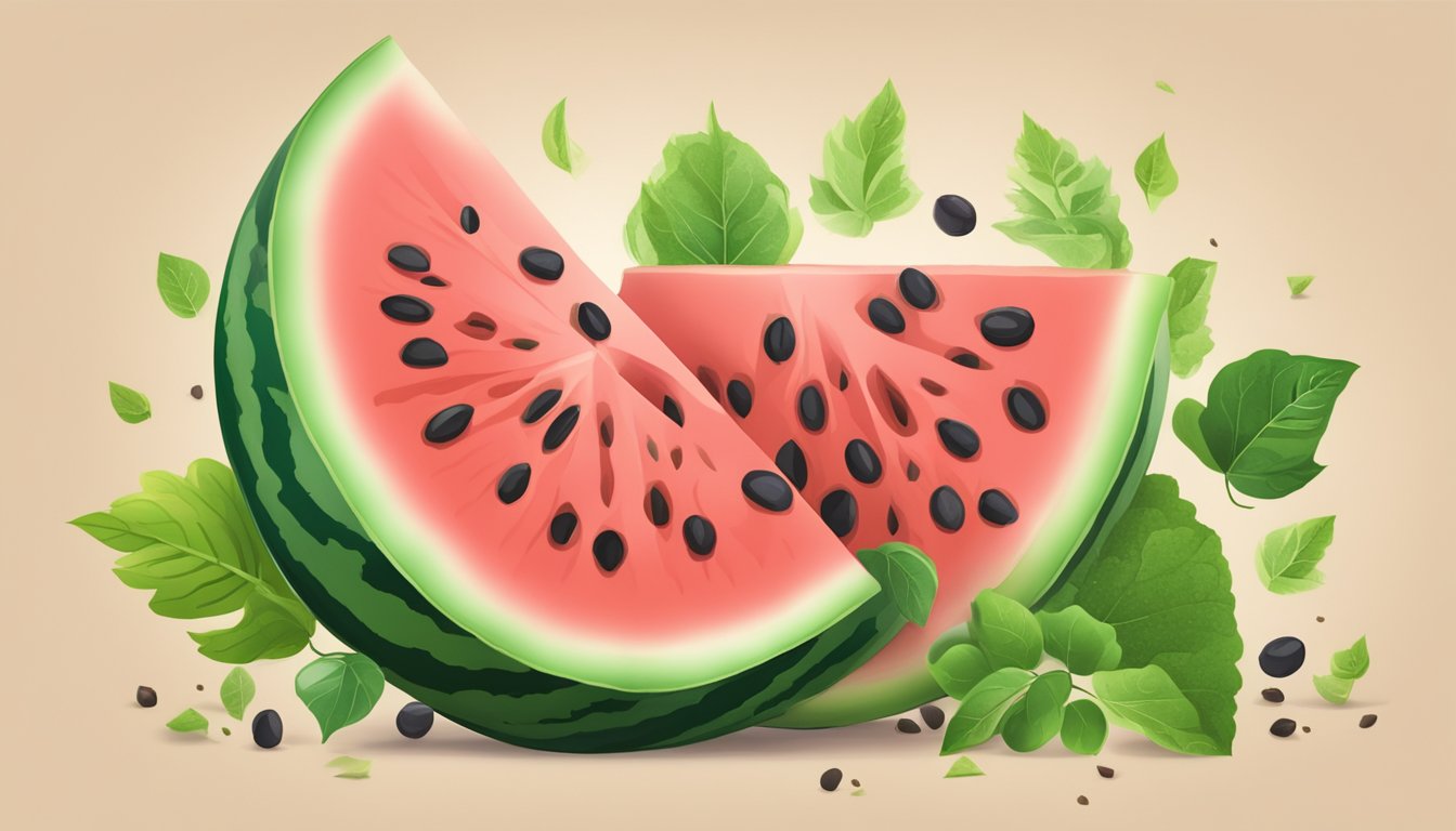 A juicy watermelon sliced open, surrounded by green leaves and seeds scattered on a wooden table