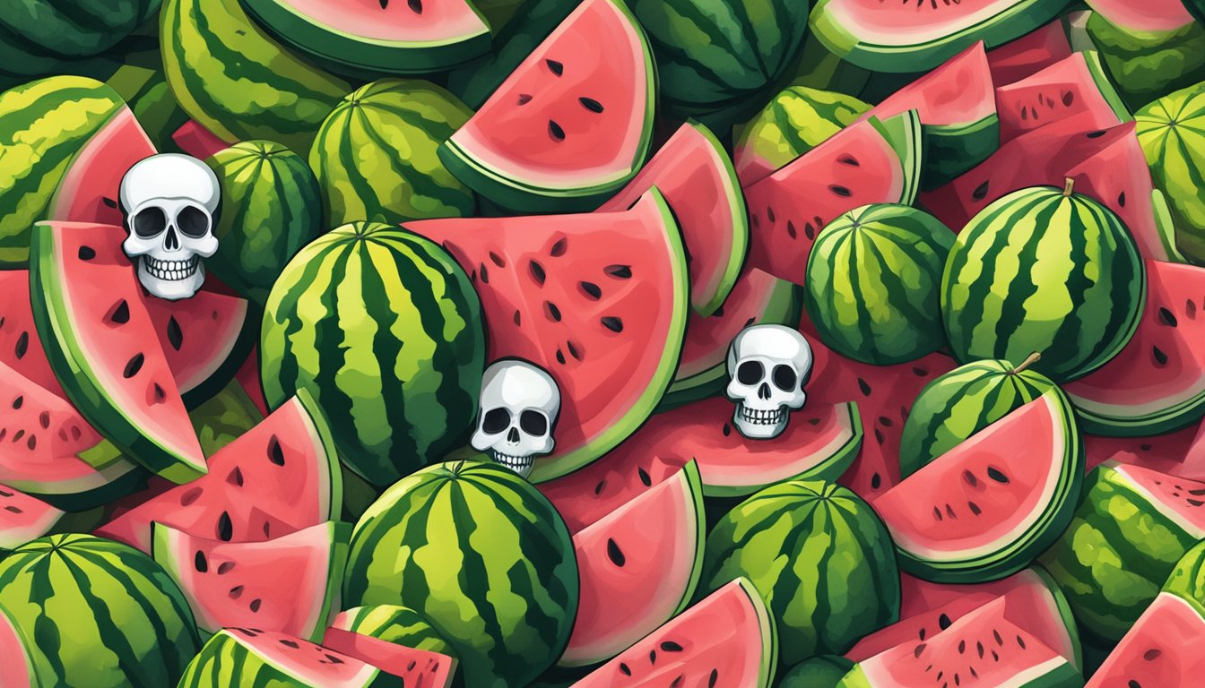 A pile of sliced watermelons, with a warning sign and a skull and crossbones symbol