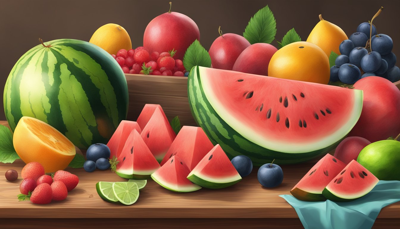 A colorful spread of fresh fruits, including a juicy watermelon, displayed on a wooden table with a knife and cutting board nearby