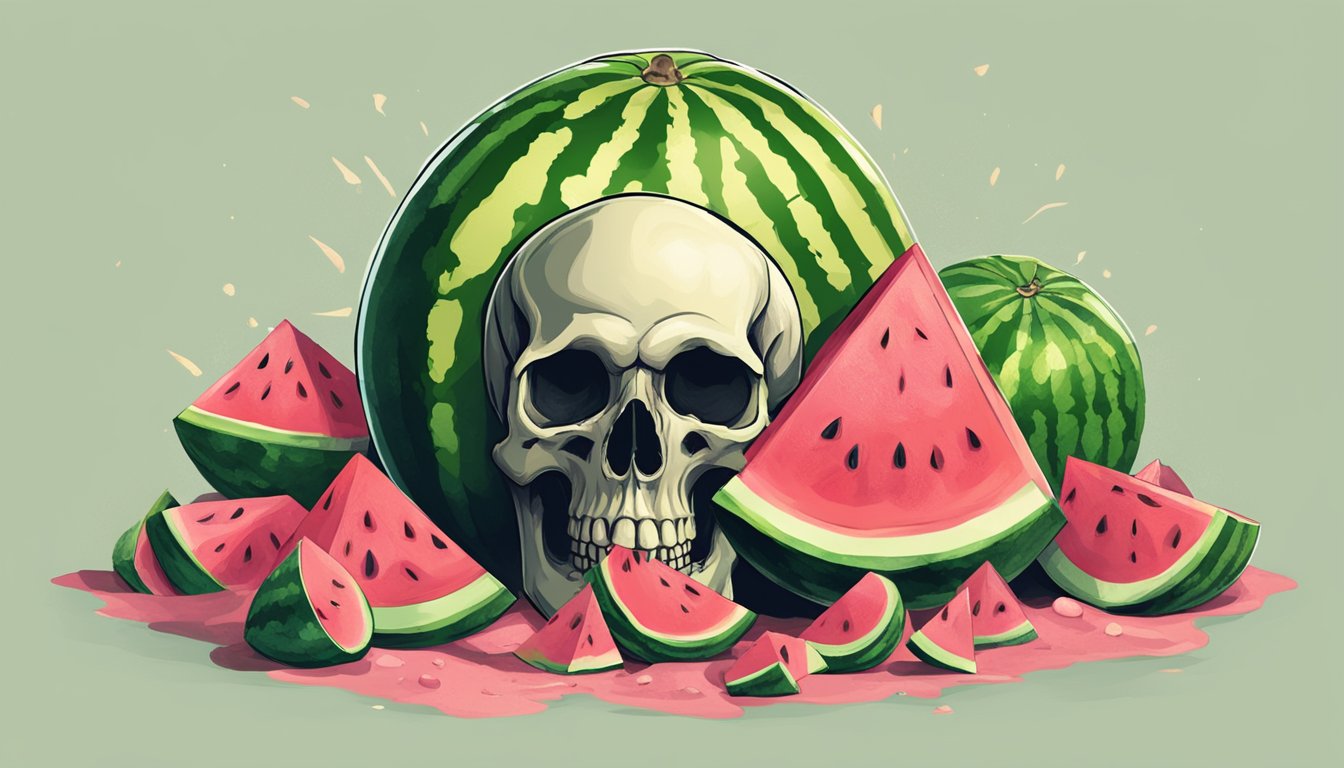 A pile of watermelon slices surrounded by a warning sign and a skull and crossbones symbol