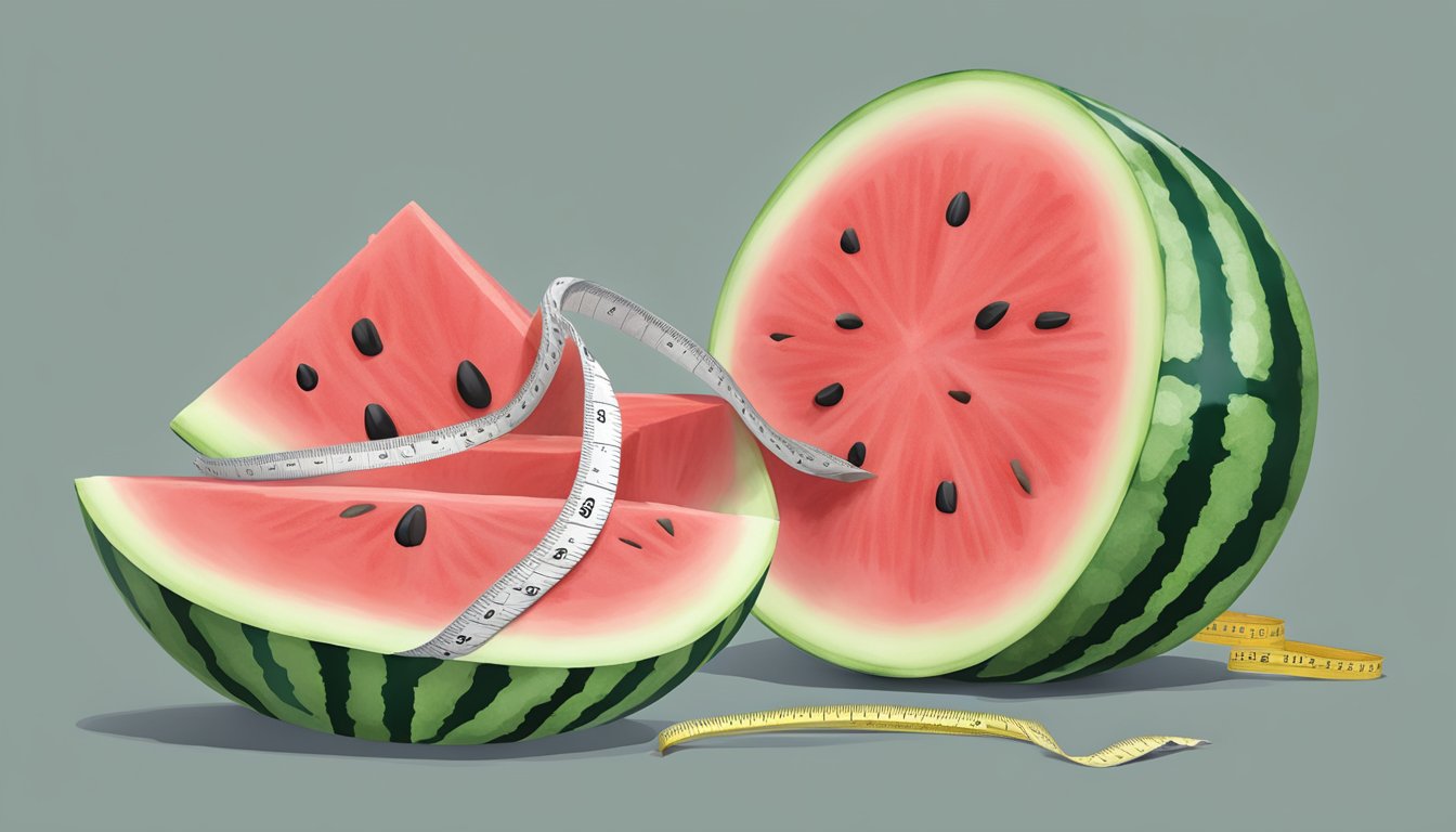 A watermelon slice with a measuring tape wrapped around it, indicating portion size