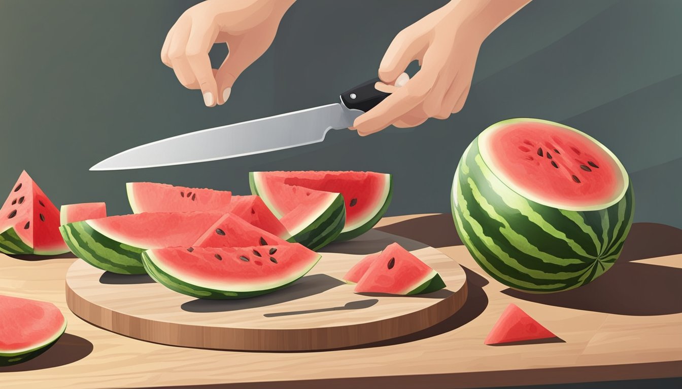 A person slicing a watermelon with a large knife on a cutting board, with several slices of watermelon arranged neatly on a plate