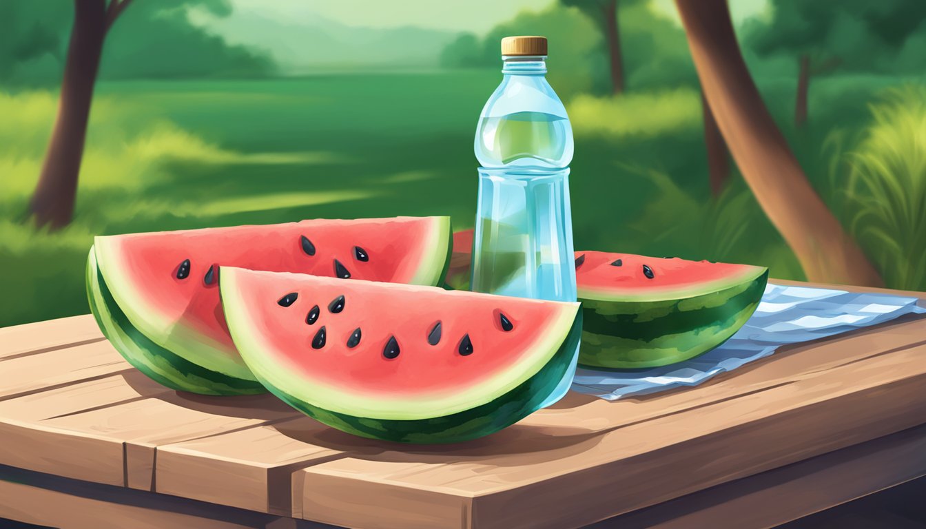 A pile of watermelon slices, some half-eaten, on a picnic table with a bottle of water nearby