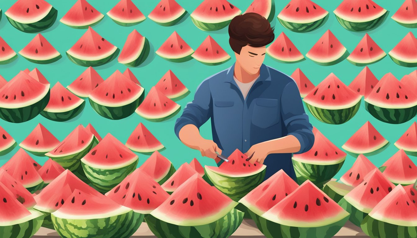 A person cutting a large watermelon into small, bite-sized pieces