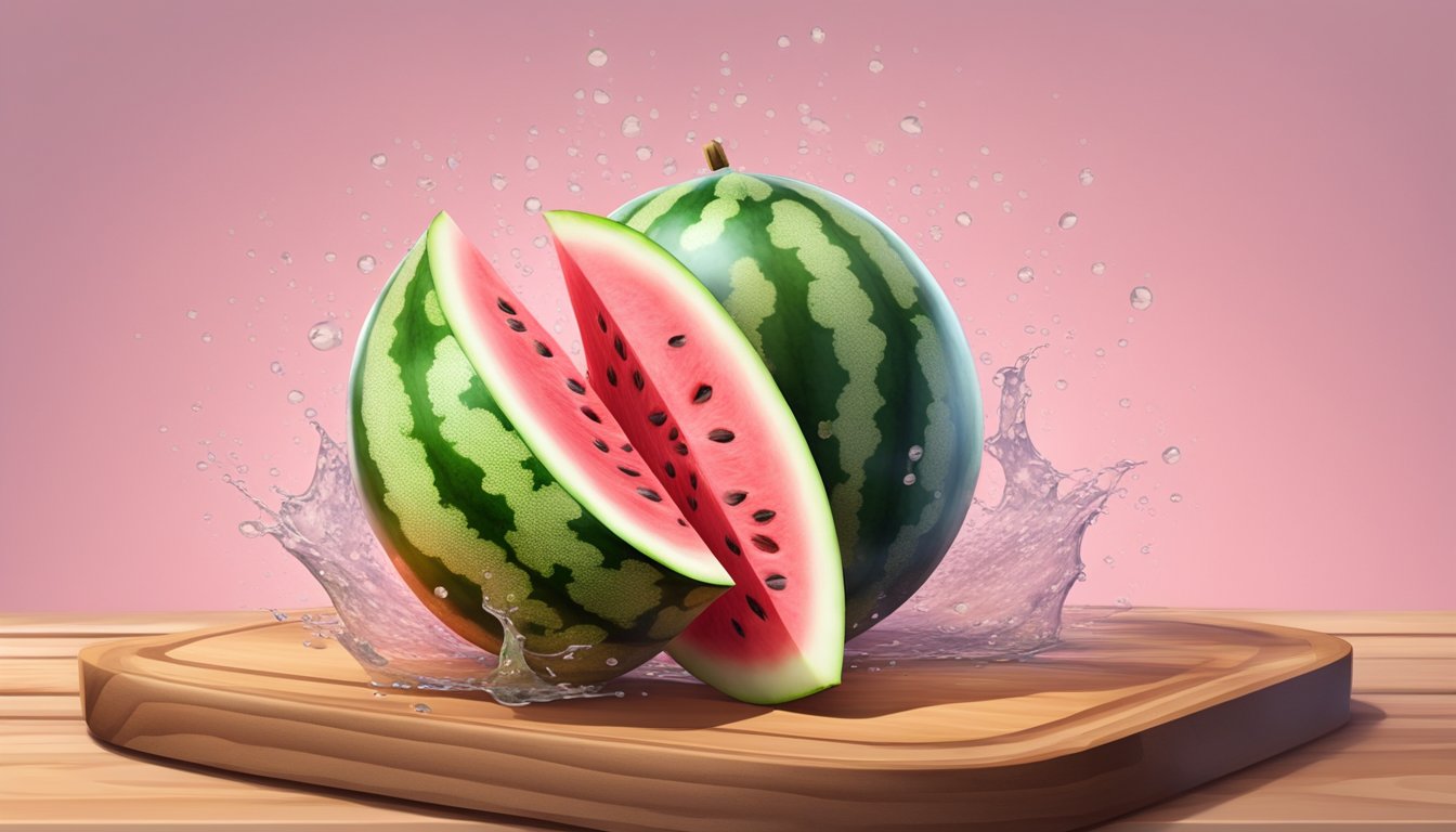 A ripe watermelon sliced open, with juicy pink flesh and glistening seeds, sits on a wooden cutting board, surrounded by droplets of water