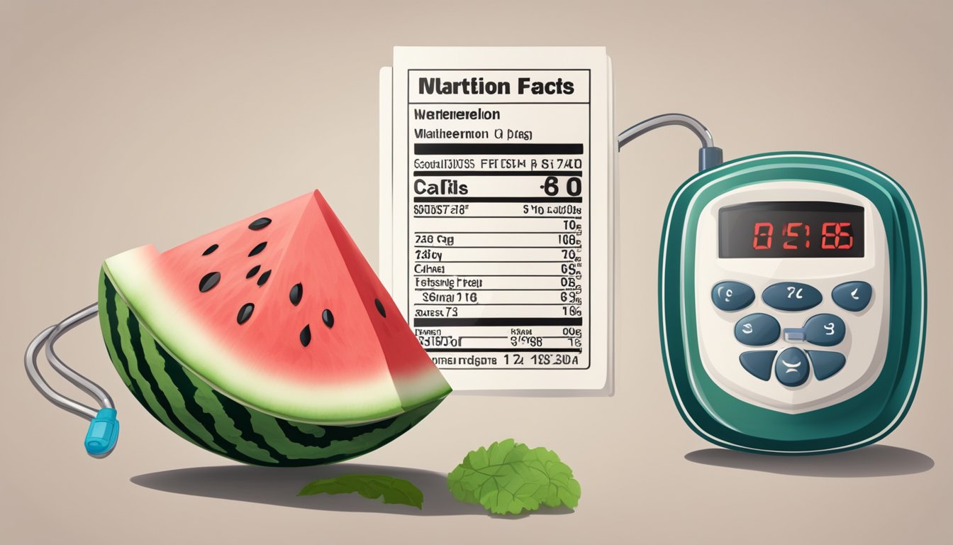 A watermelon with a nutrition label and a blood sugar meter nearby