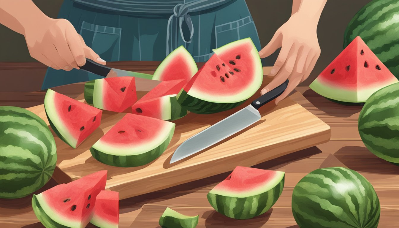 A person slicing a watermelon with a knife, surrounded by several watermelon halves and slices on a cutting board