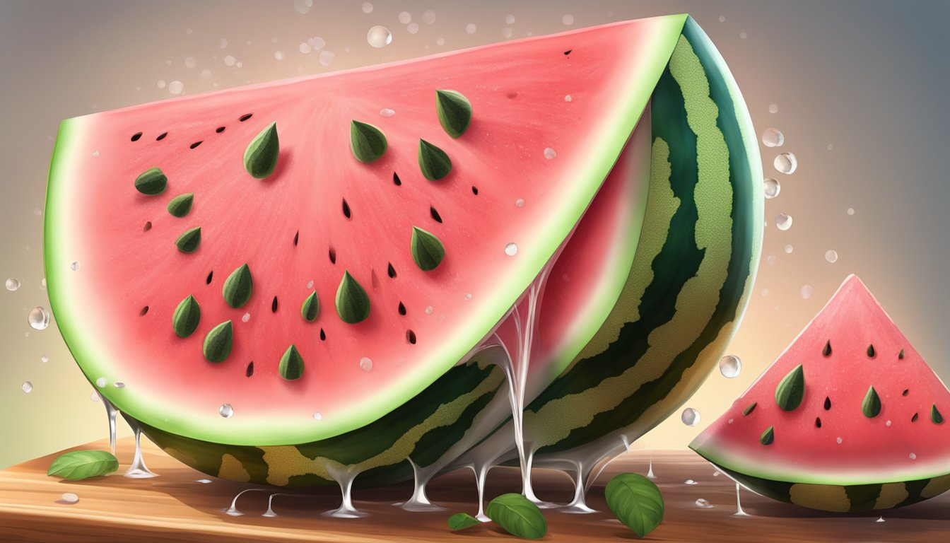 A ripe watermelon with juicy pink flesh, surrounded by droplets of water, sits on a cutting board