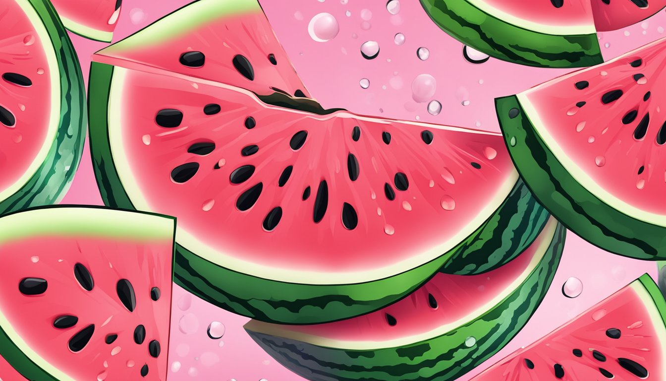 A watermelon sliced open, with vibrant pink flesh and seeds, surrounded by droplets of water