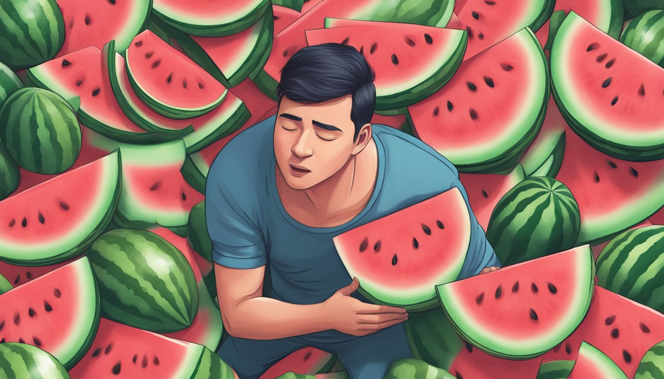 A person surrounded by overflowing watermelon slices, struggling to carry them all