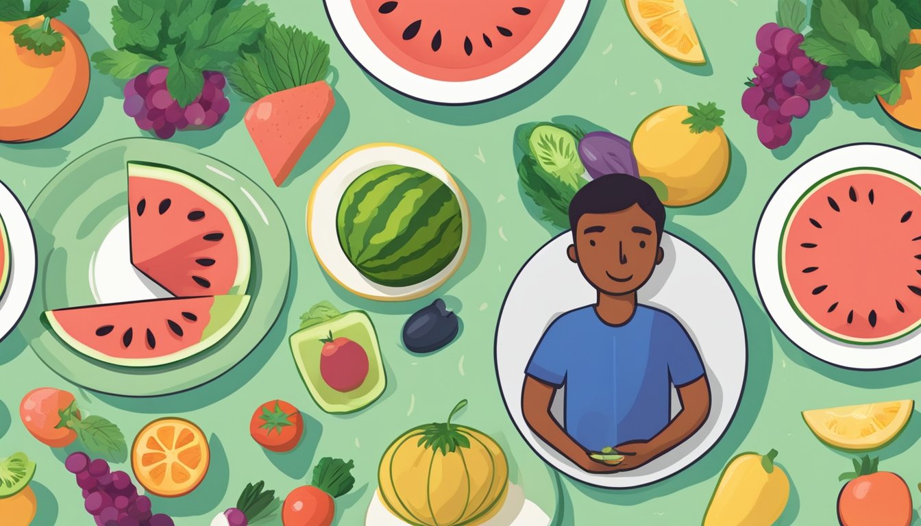 A watermelon slice on a plate surrounded by various fruits and vegetables, with a concerned person holding their stomach in the background