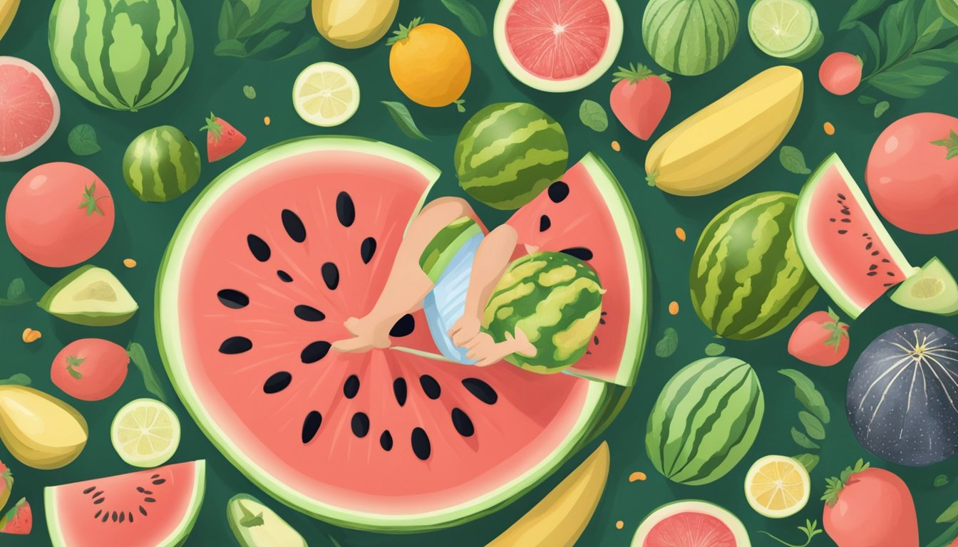 A watermelon surrounded by a pile of fiber-rich foods, with a person holding their stomach in discomfort