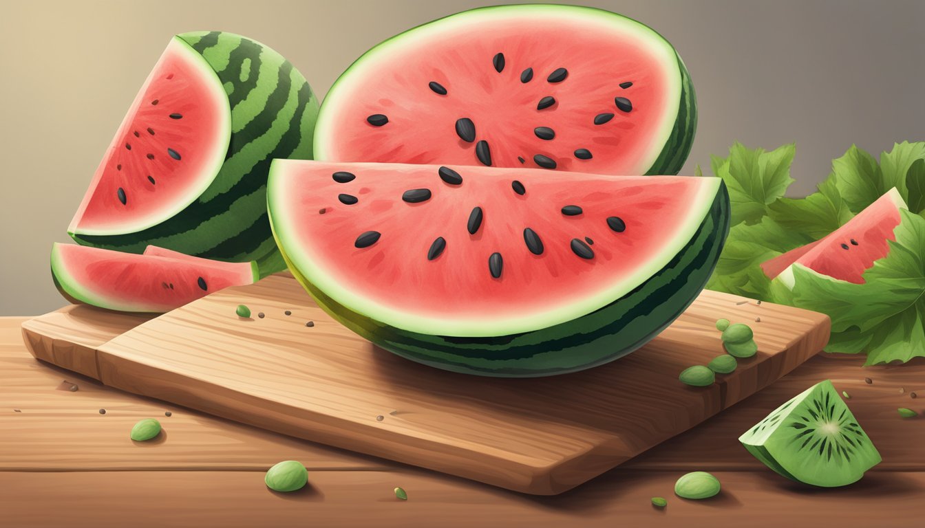 A ripe watermelon sitting on a wooden cutting board, surrounded by a scattering of seeds and a few wedges cut and ready to eat