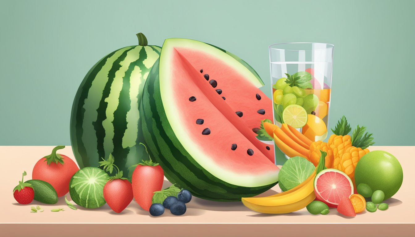 A watermelon slice surrounded by various fruits and vegetables, with a glass of water nearby