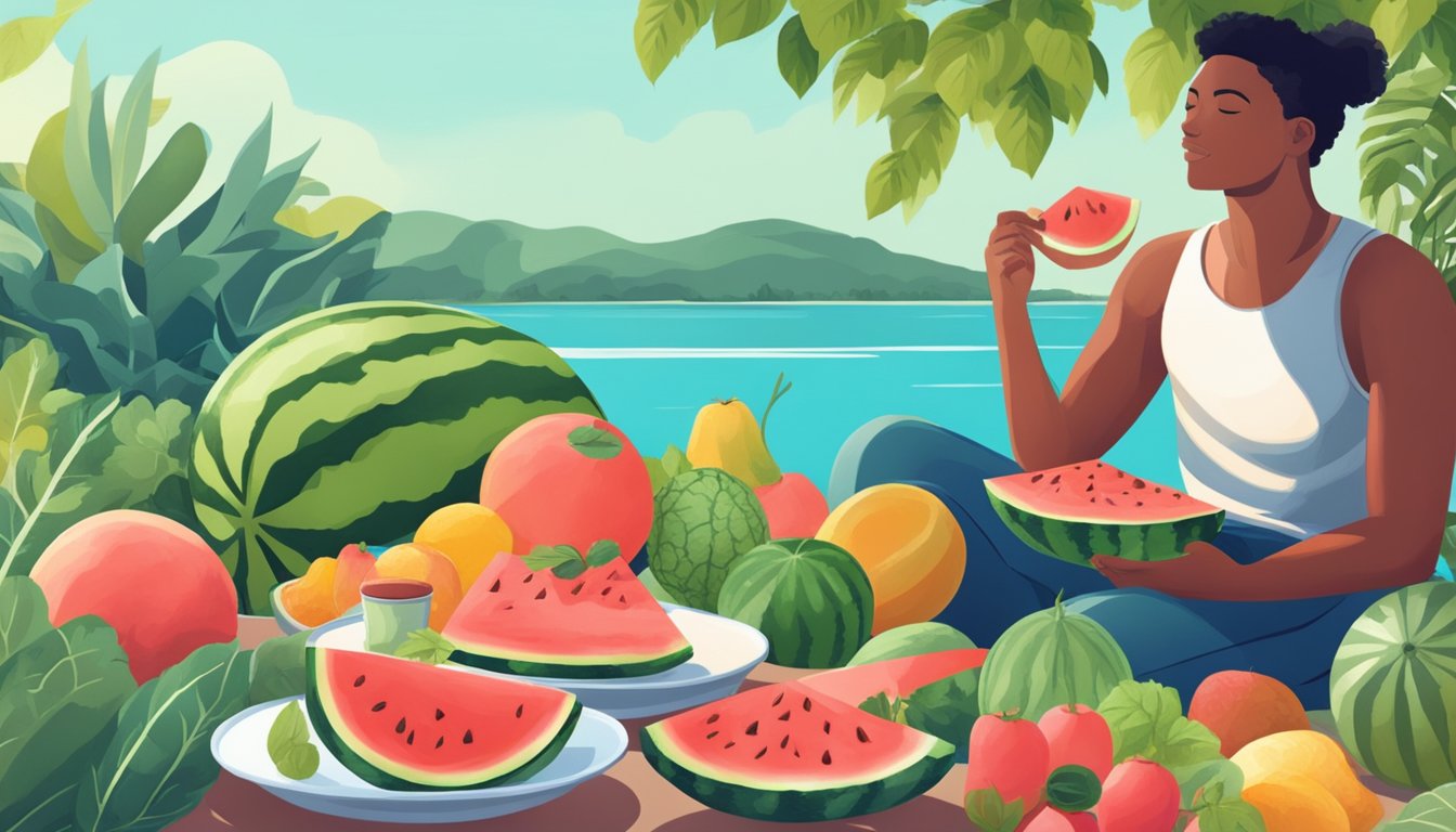 A person enjoying a slice of watermelon while sitting in a relaxed outdoor setting, surrounded by healthy fruits and vegetables