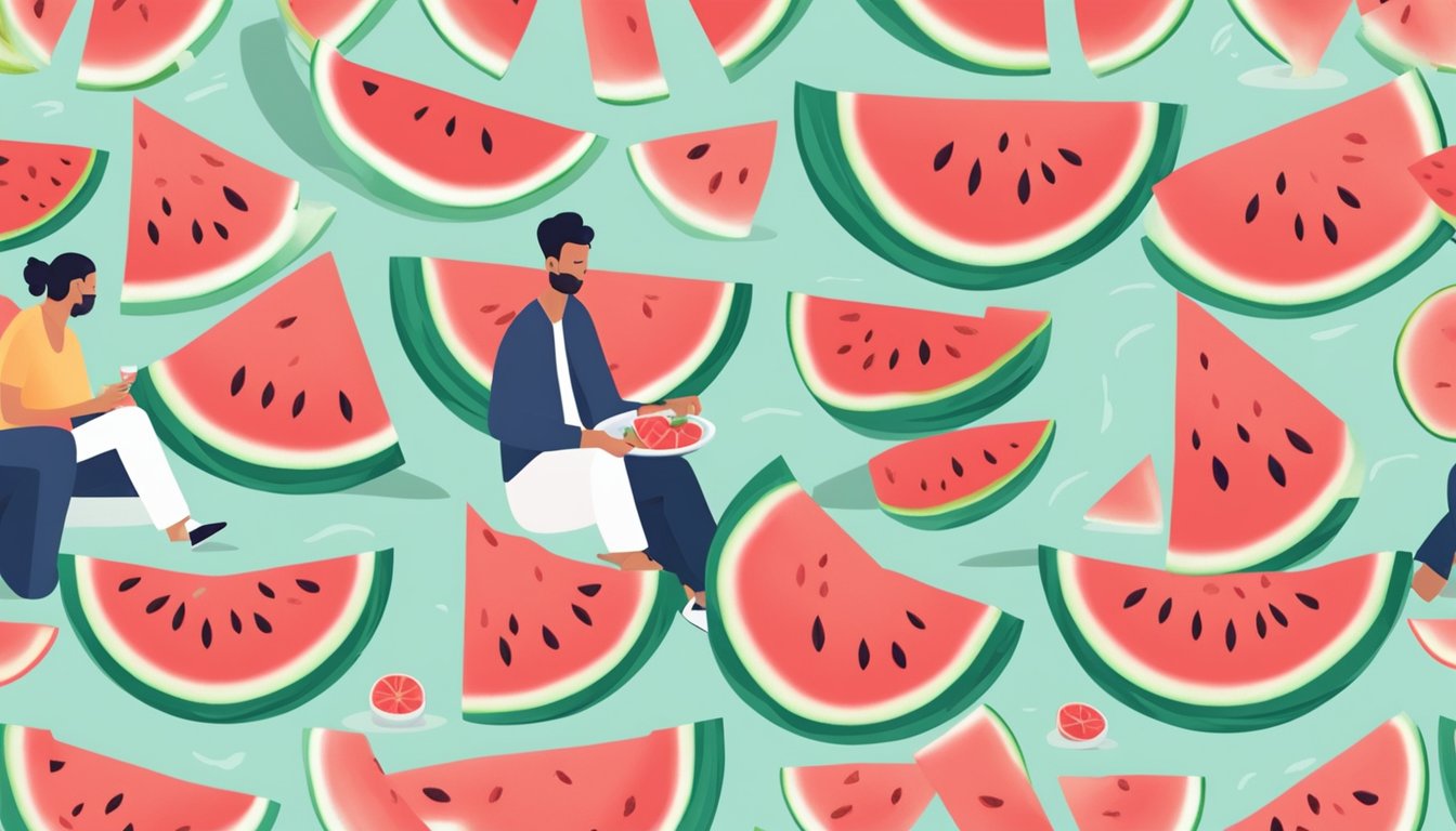 A person sitting on a picnic blanket surrounded by watermelon slices, with a glass of water and a bowl of fiber-rich fruits