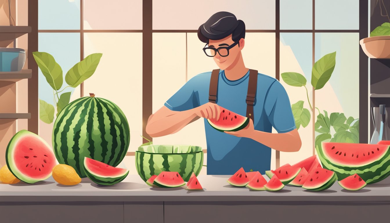 A person slicing and enjoying a ripe watermelon, with a glass of water nearby