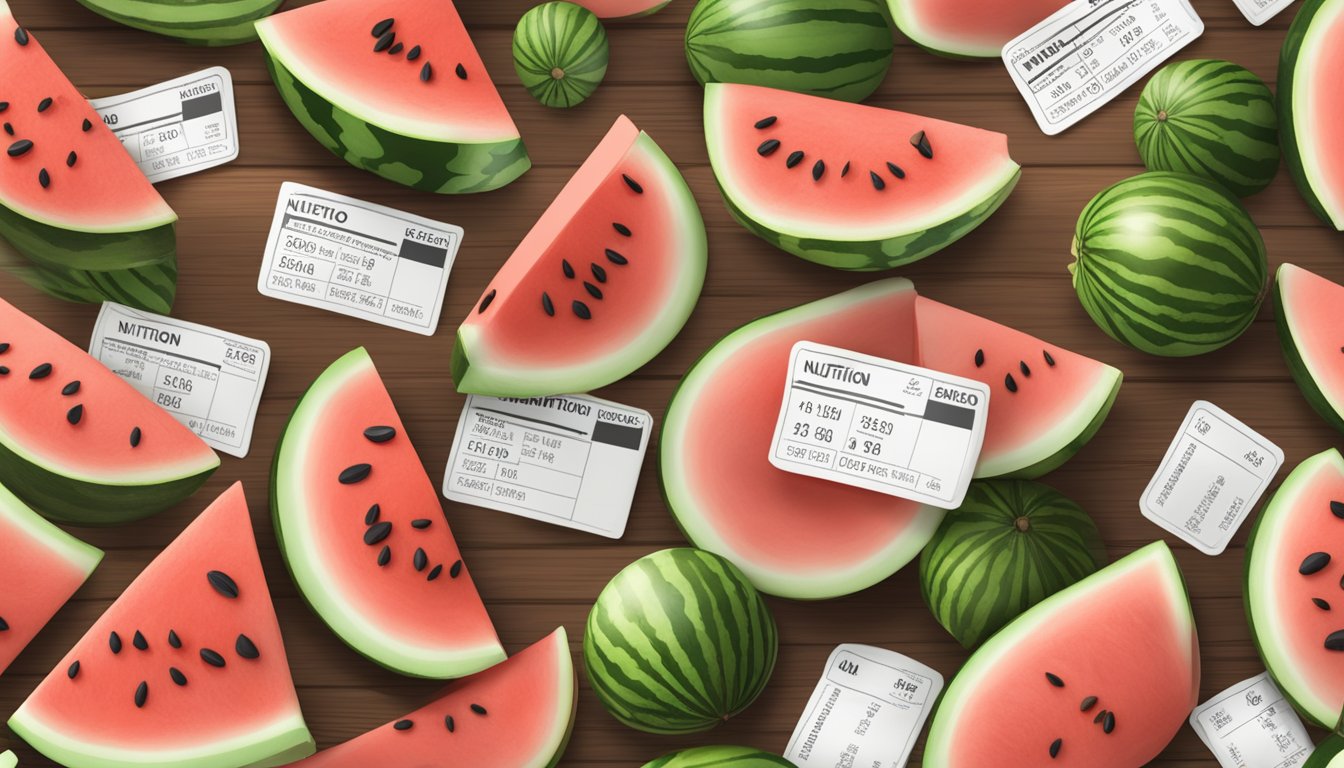 A pile of watermelon seeds arranged on a wooden table with a nutrition label next to them