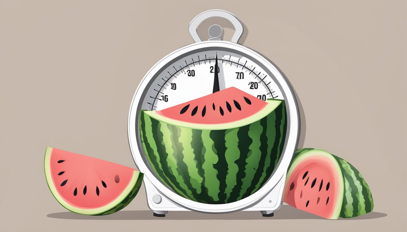 A ripe watermelon surrounded by a tape measure and a scale, with a nutrition label and a question mark hovering above