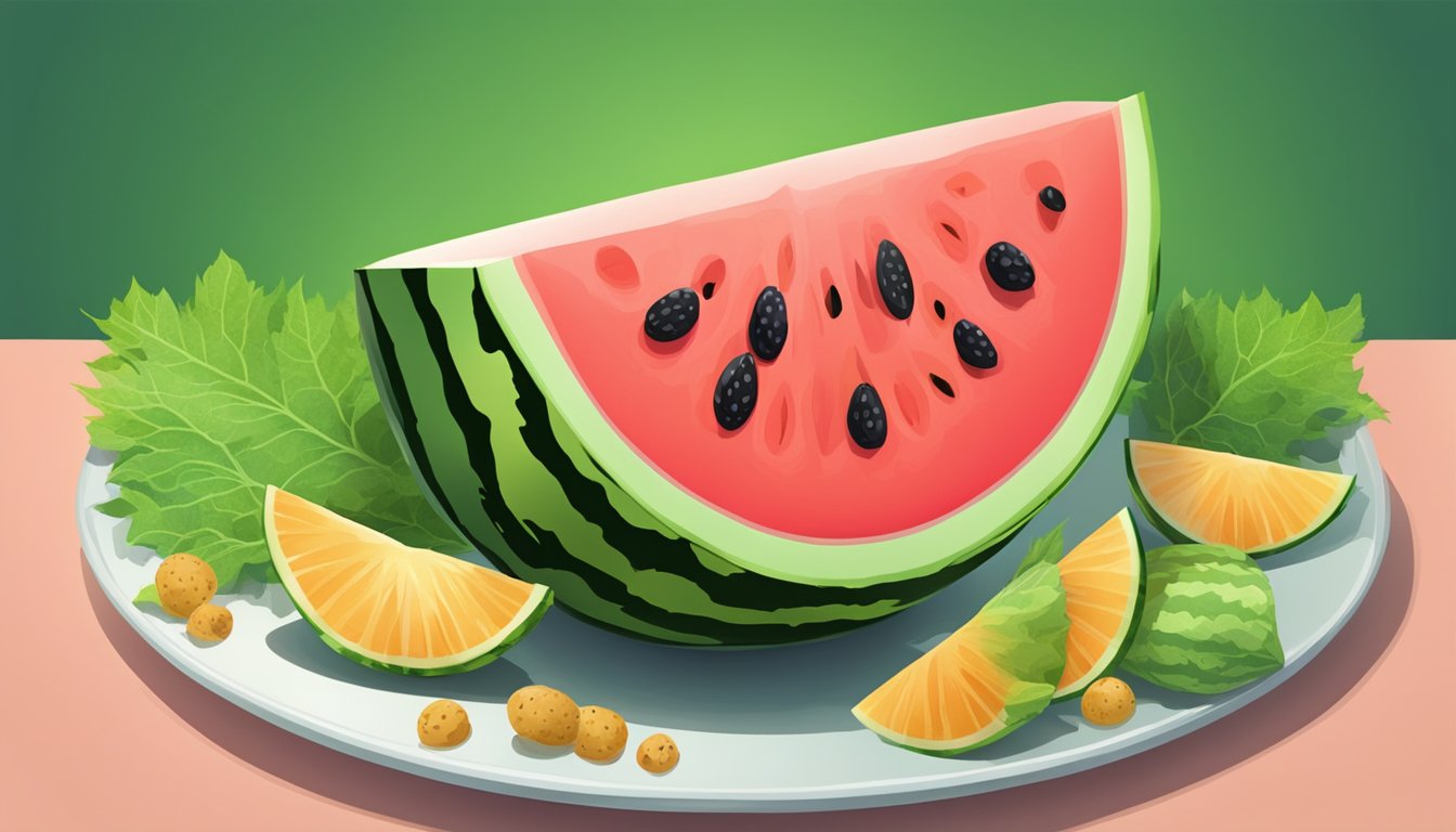 A ripe watermelon cut open with seeds scattered on a plate, surrounded by vibrant green rind