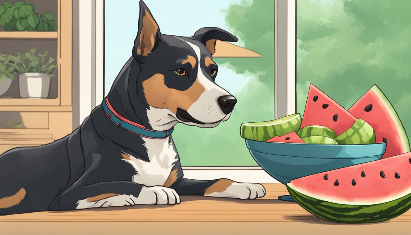 A dog eagerly munches on a slice of watermelon, while a bowl of chopped watermelon sits nearby