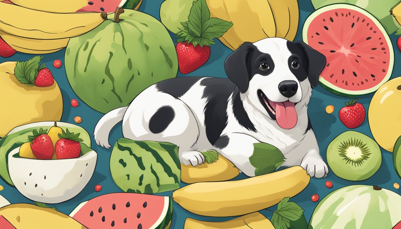 A dog happily munches on a watermelon slice while other fruits like apples, strawberries, and bananas are scattered around