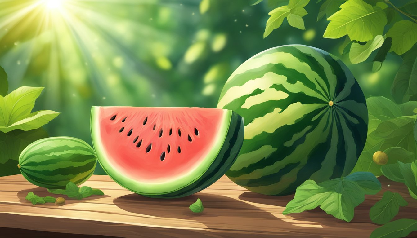 A juicy watermelon sits on a rustic wooden table, surrounded by vibrant green leaves and a few scattered seeds. The sunlight streams in, casting a warm glow on the fruit