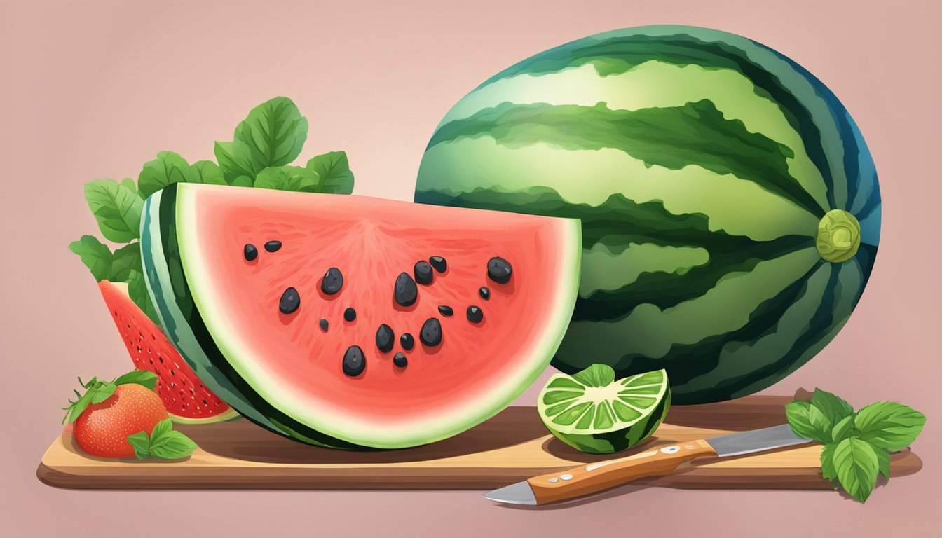 A watermelon with seeds sprinkled on a cutting board next to a knife and a bowl of fruit salad