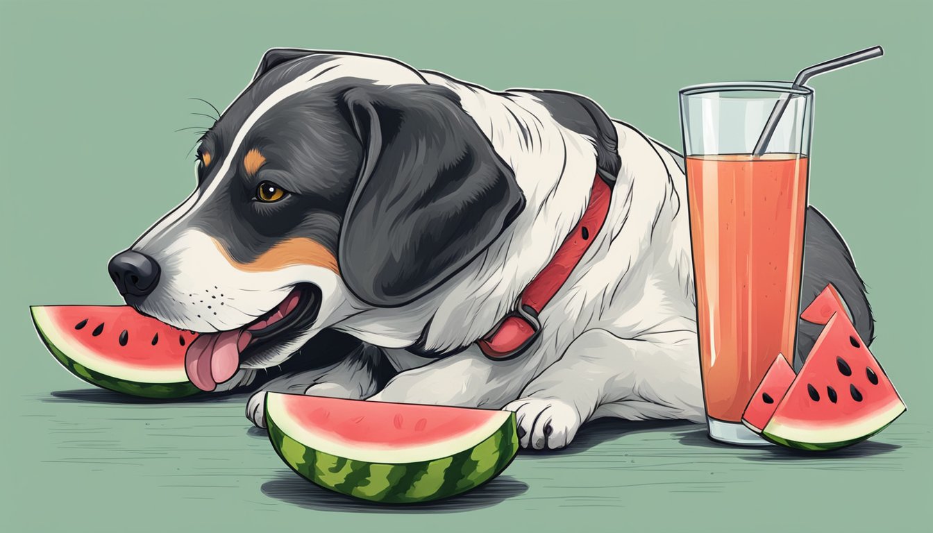 A dog eagerly devouring a slice of watermelon, with juice dripping from its chin