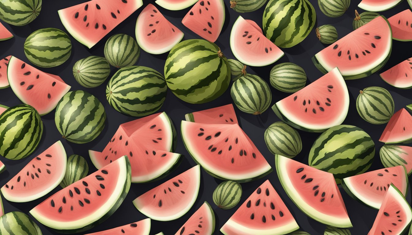 A pile of different watermelon seeds, including black, white, and striped varieties, arranged in a grid pattern on a wooden table