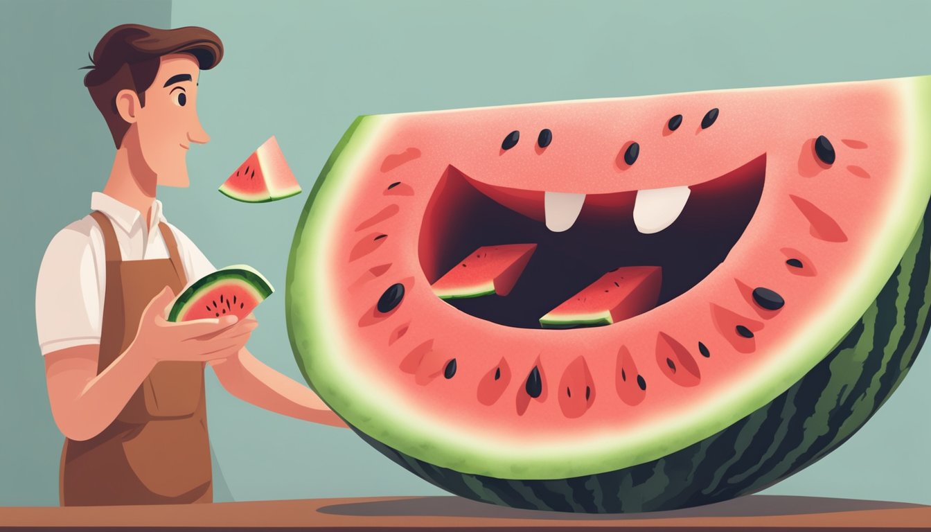 A watermelon sliced open, with seeds and juicy red flesh exposed. A nutrition label and a person with a surprised expression, holding their stomach