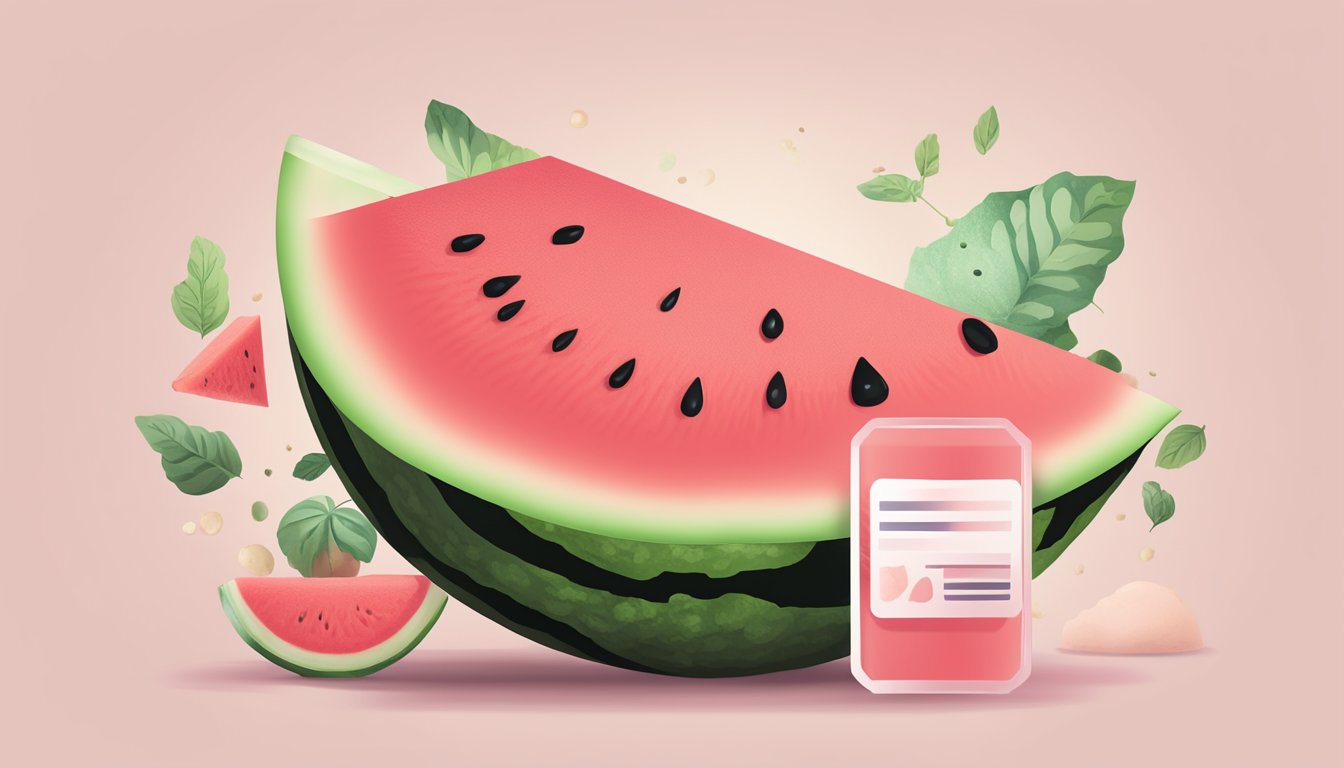 A watermelon sliced open with a nutrition label beside it, surrounded by bloating and discomfort symbols