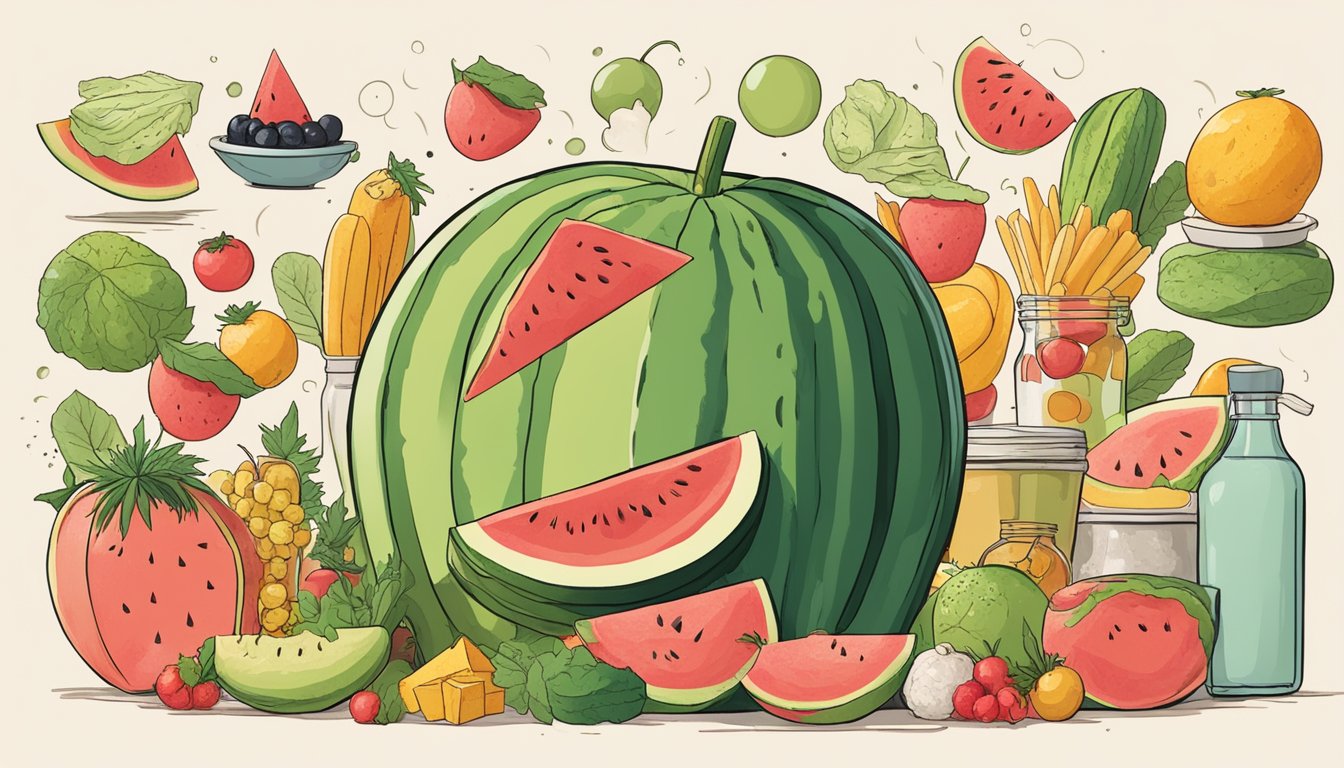 A watermelon surrounded by various foods, with a thought bubble depicting a gassy stomach above the watermelon