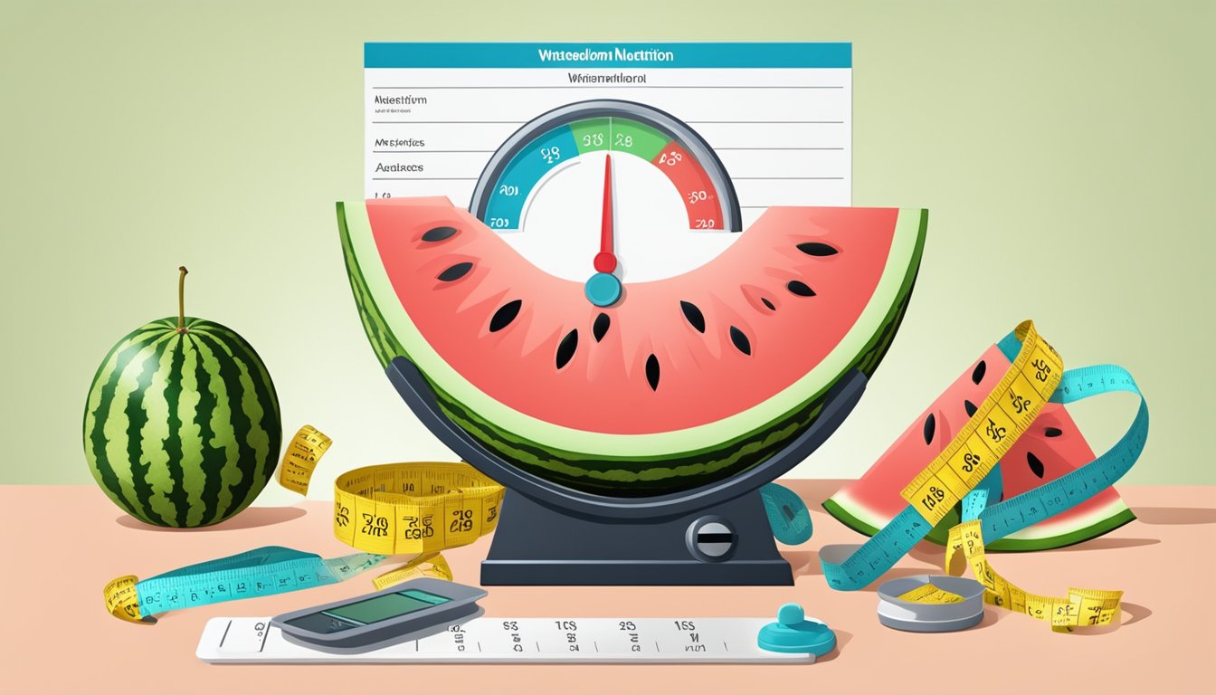 A watermelon sitting on a scale, surrounded by measuring tape and a nutrition label