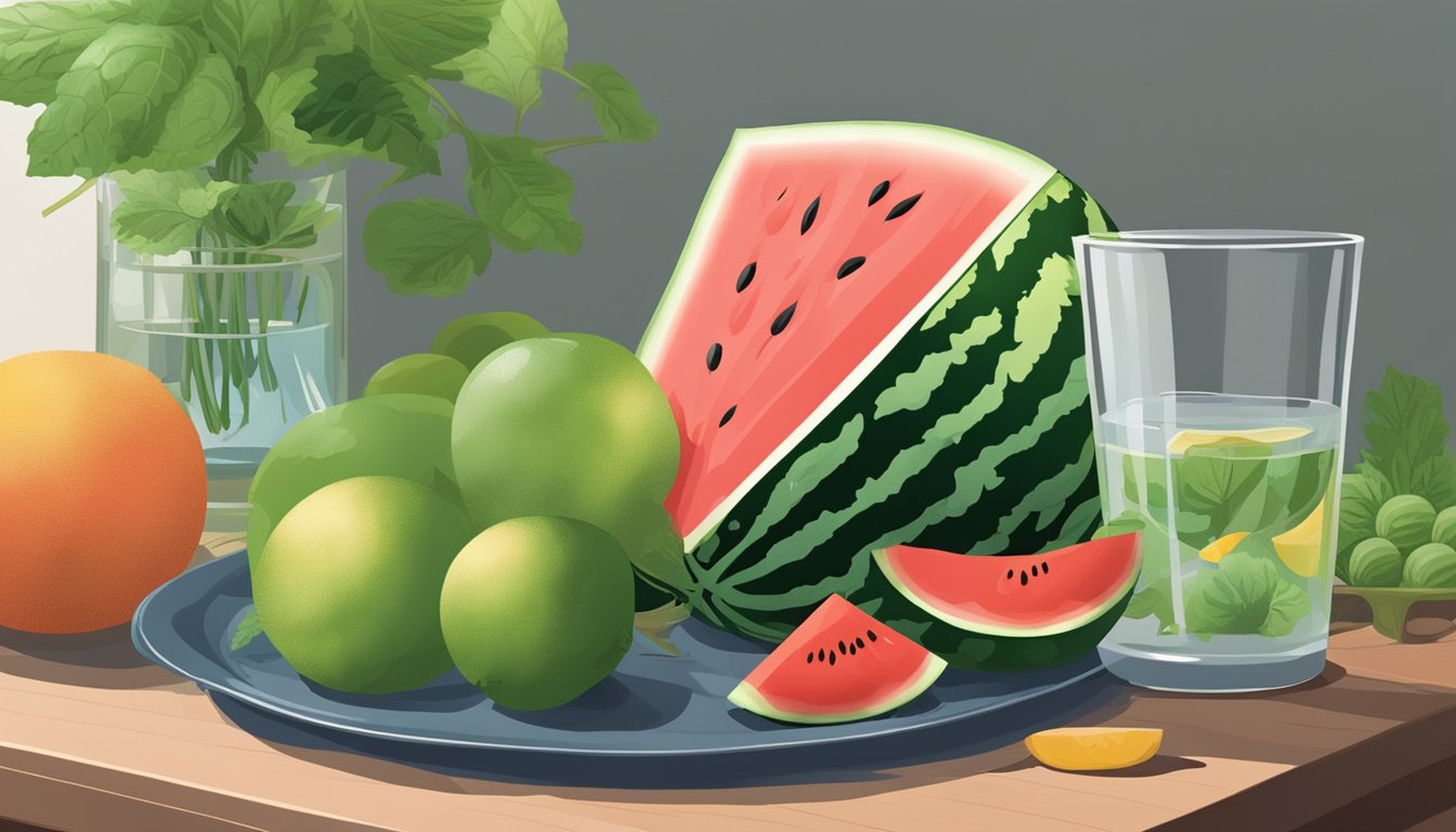 A watermelon on a table, surrounded by various fruits and vegetables. A glass of water next to it. The scene conveys freshness and healthy eating