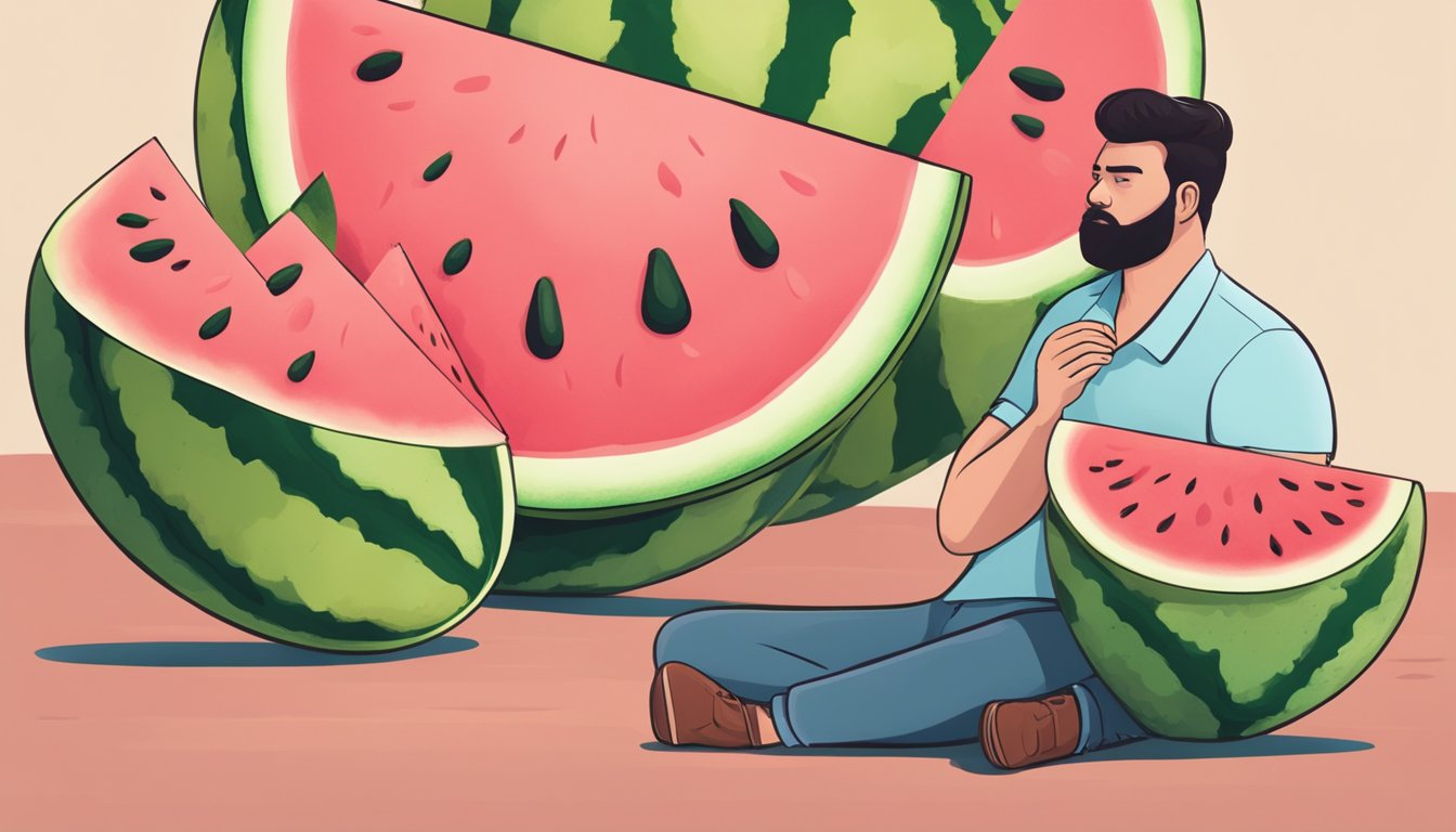 A person holding a slice of watermelon with a bloated stomach, looking concerned