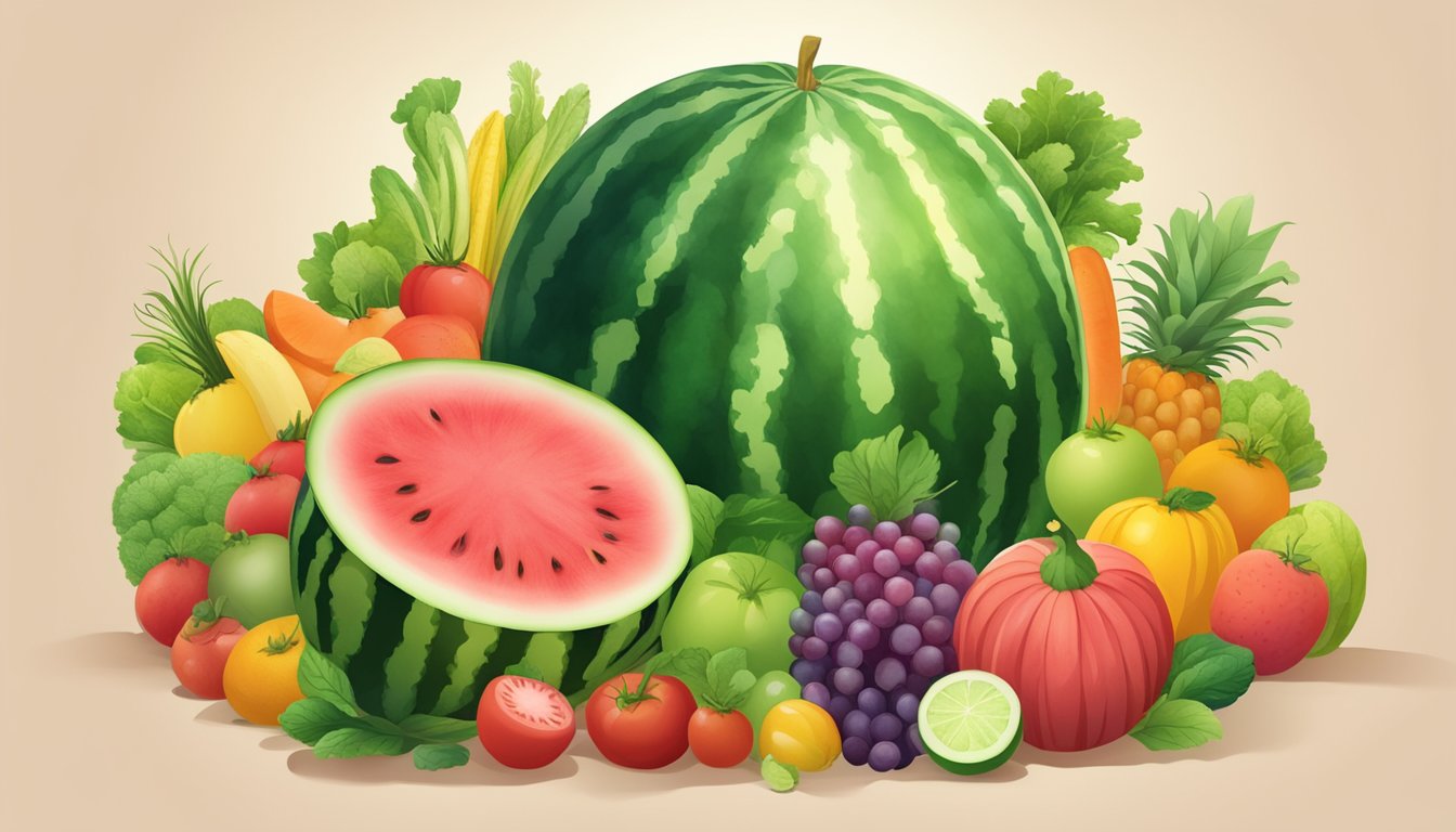 A watermelon surrounded by various fruits and vegetables, with a glowing halo above it, symbolizing its health benefits beyond weight