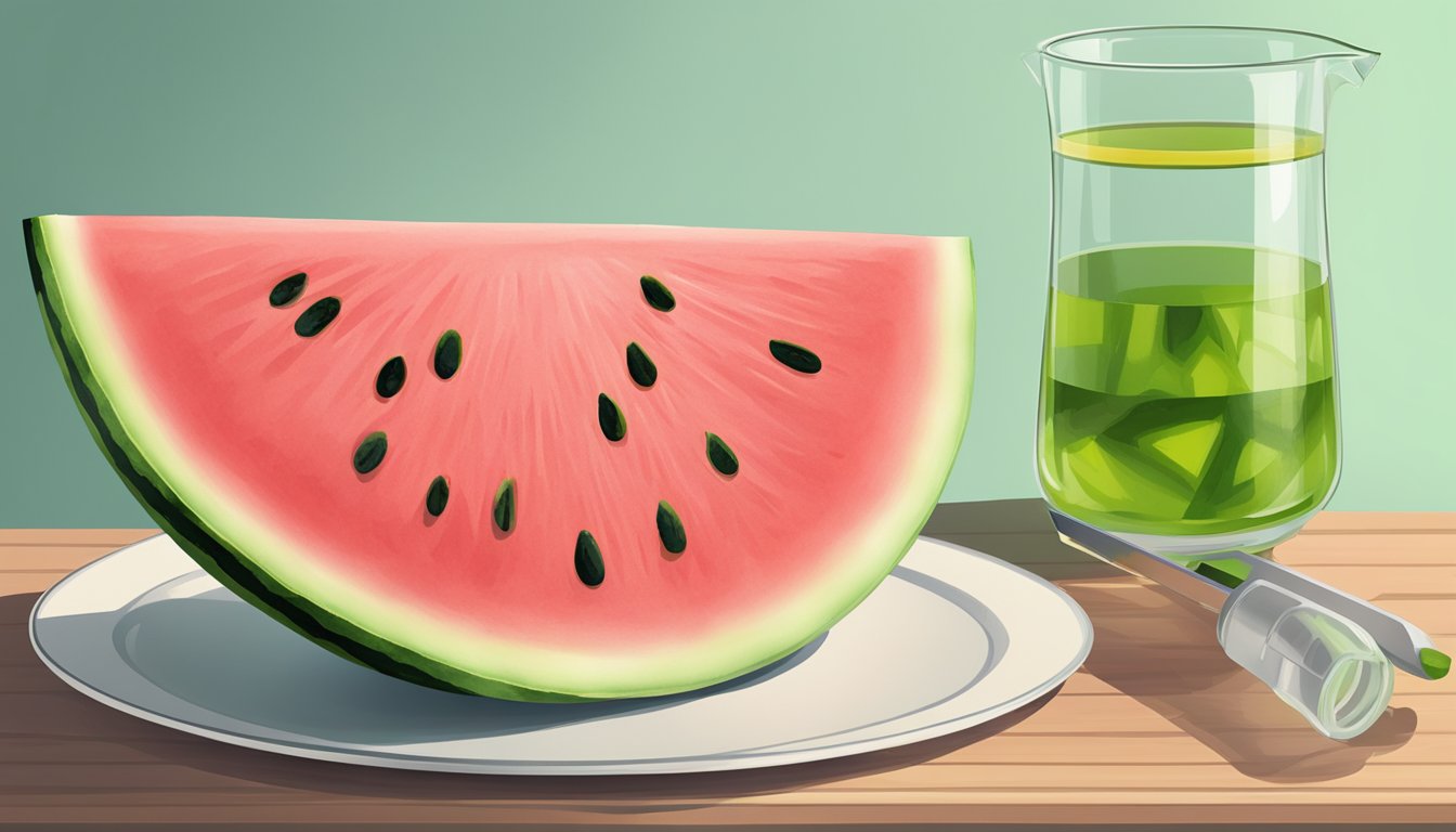 A slice of watermelon on a plate with a measuring cup next to it