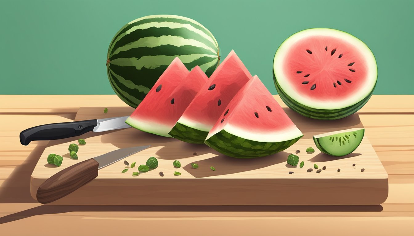 A sliced watermelon on a wooden cutting board with a knife beside it, surrounded by a few scattered seeds and a small bowl of watermelon cubes