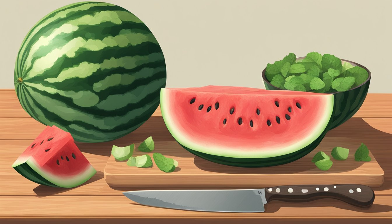 A ripe watermelon sliced into wedges on a wooden cutting board, with a knife nearby. A measuring cup filled with diced watermelon sits next to it