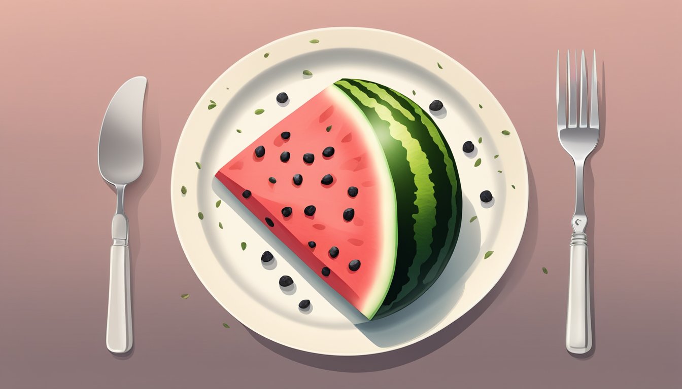 A slice of watermelon on a plate, surrounded by a few seeds and a small fork next to it