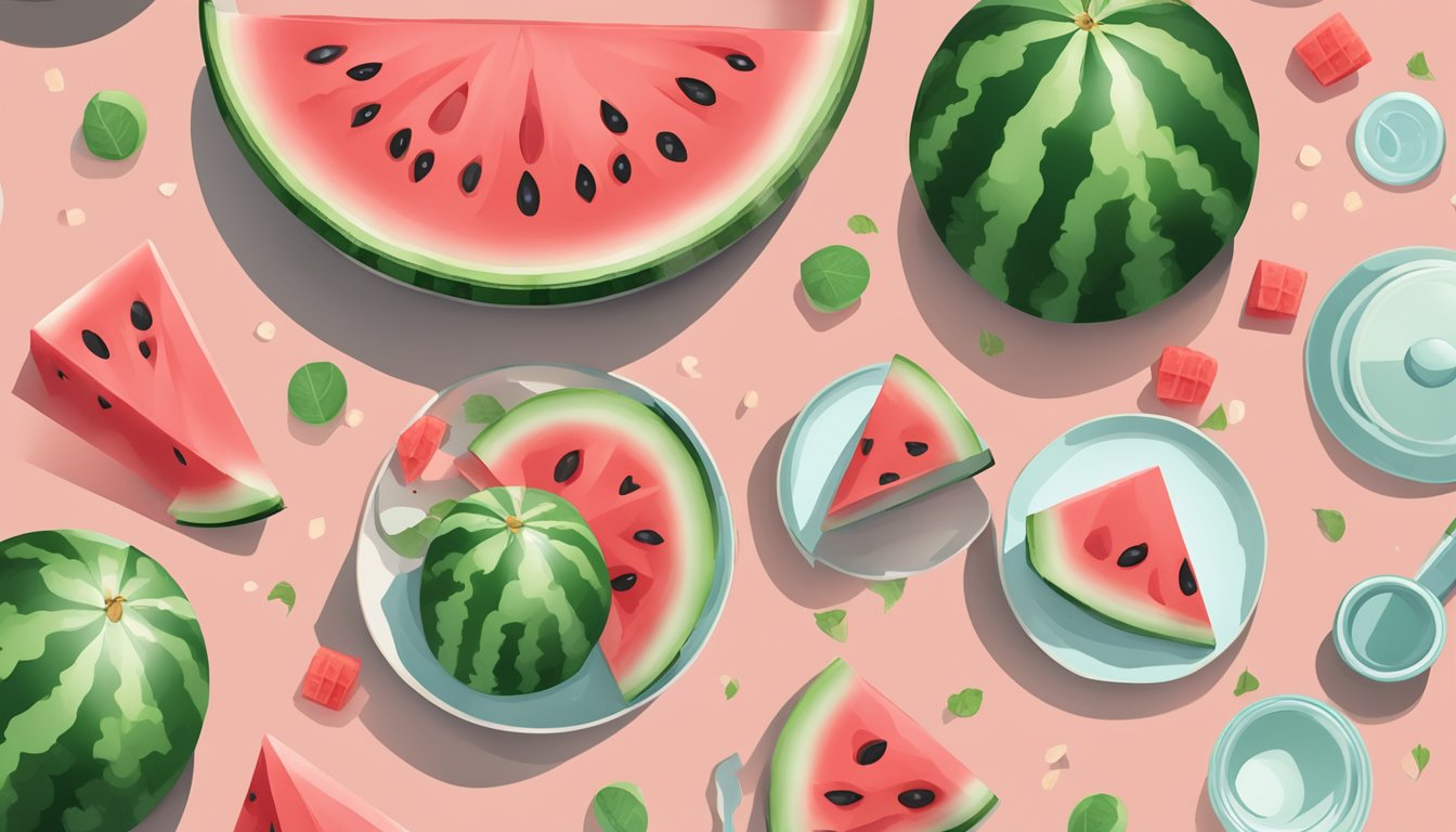 A slice of watermelon on a plate, surrounded by small, bite-sized pieces. A measuring cup next to it, filled with the recommended serving size