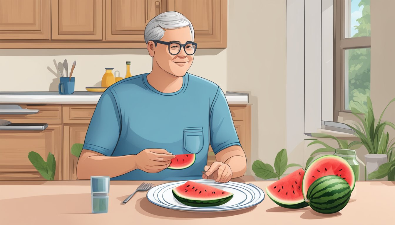 A person with diabetes sitting at a table with a plate of watermelon, a measuring cup, and a nutrition label