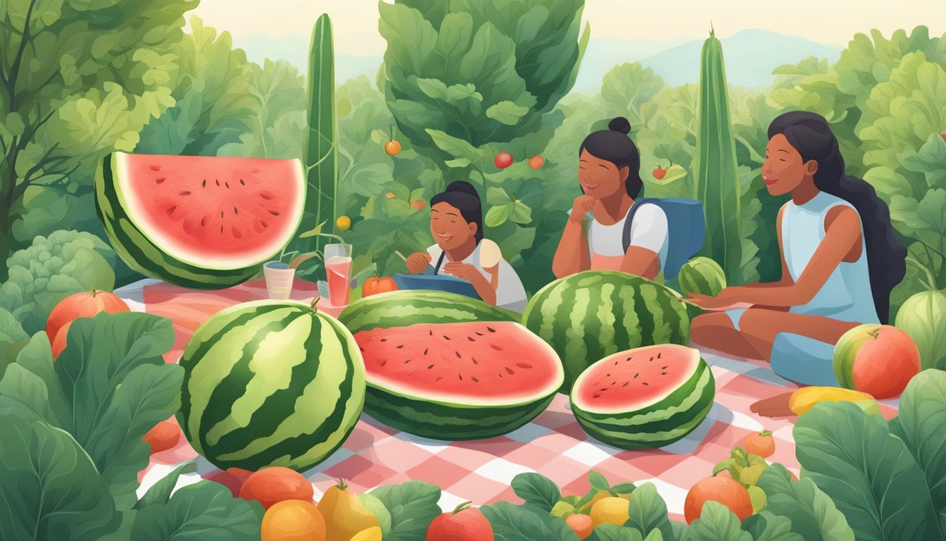 A watermelon plant growing in a lush garden, surrounded by other fruits and vegetables. A diverse group of people enjoying slices of watermelon at a picnic