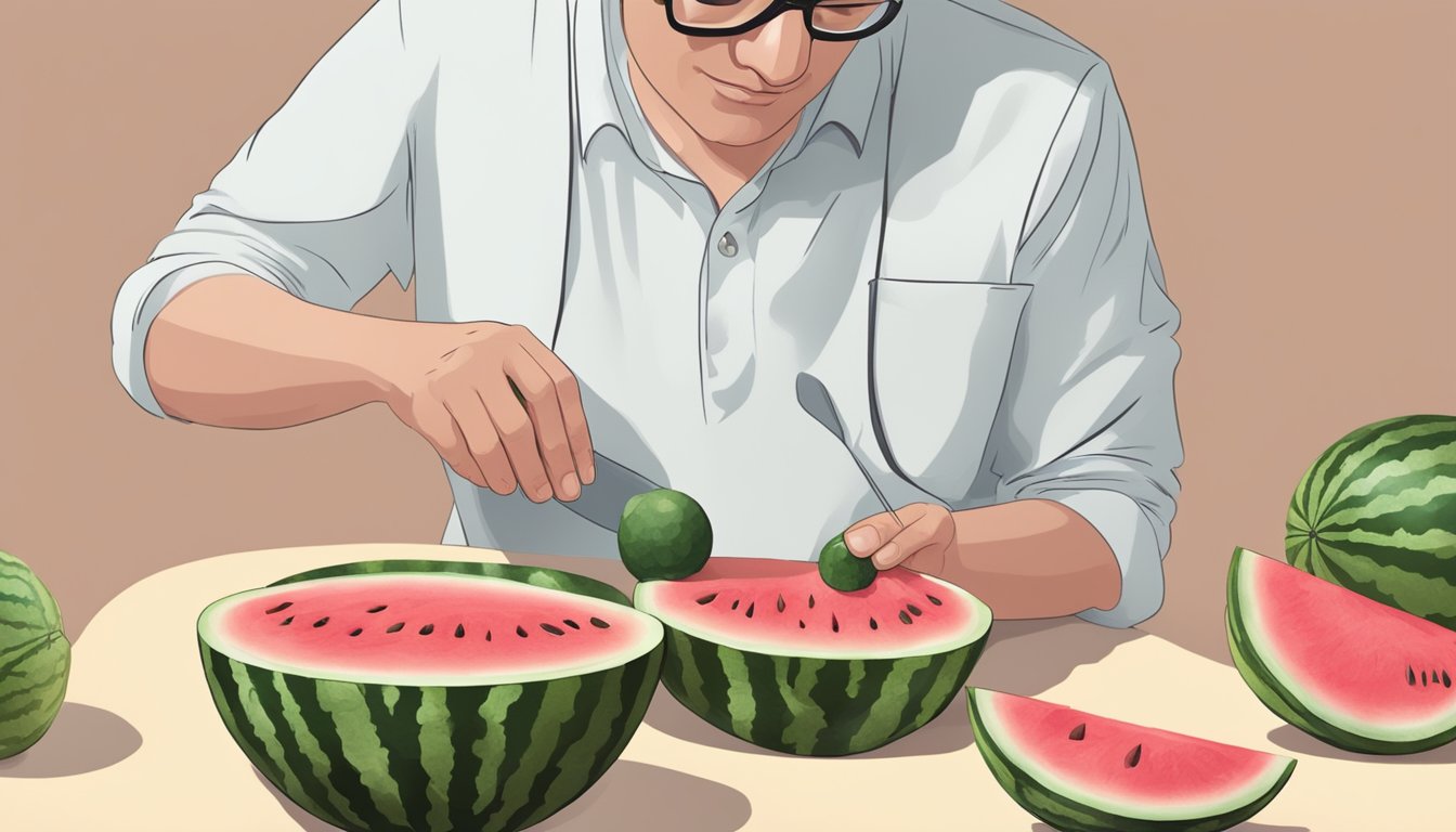 A person with diabetes cutting a small portion of watermelon into a bowl for a balanced and controlled serving