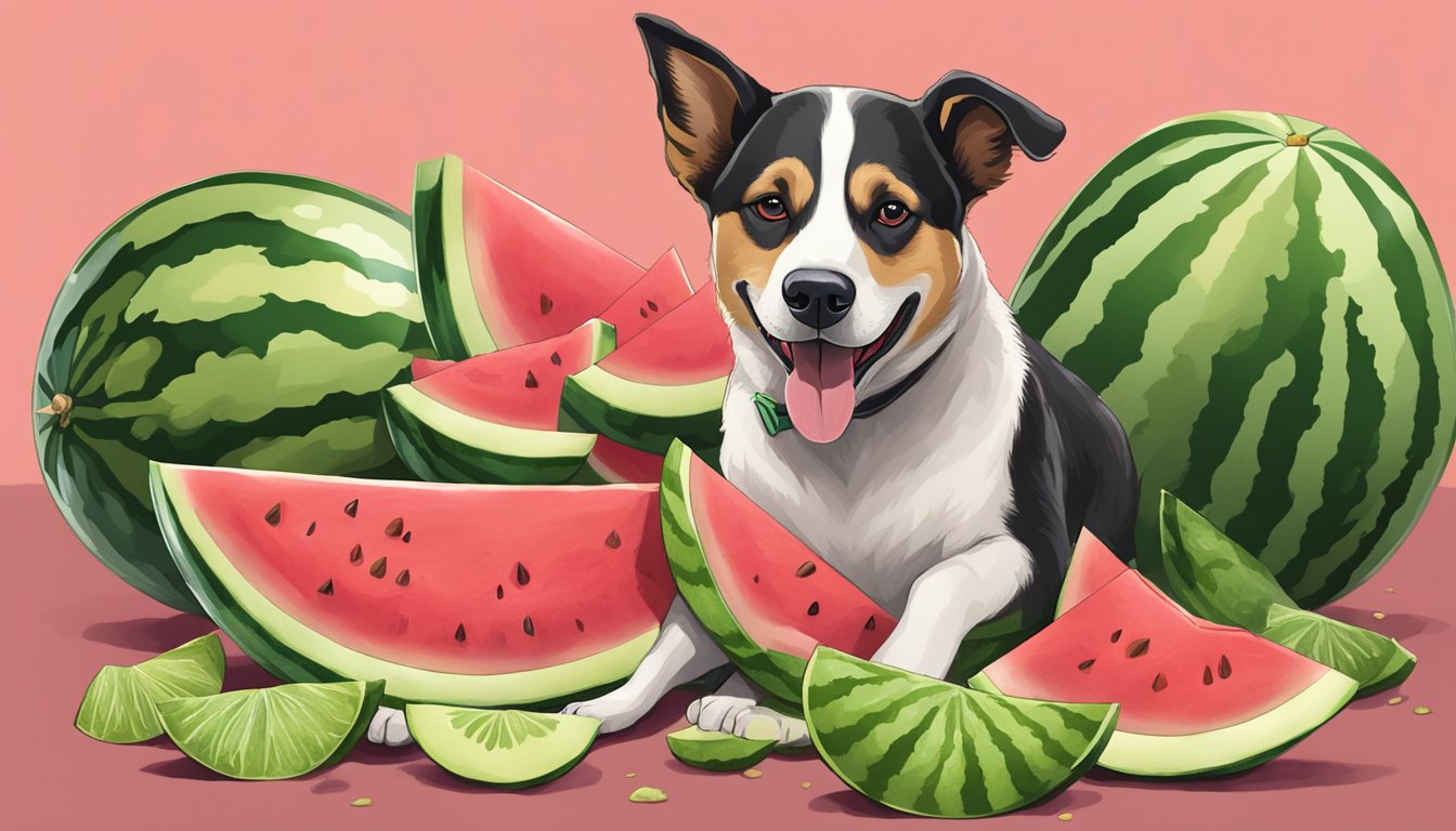 A happy dog eating watermelon rinds, surrounded by a pile of fresh watermelon slices